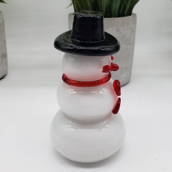Hand Blown Snowman Red Green Scarf Black Top Hat Milk Glass Paperweight/Figure - Picture 5 of 9